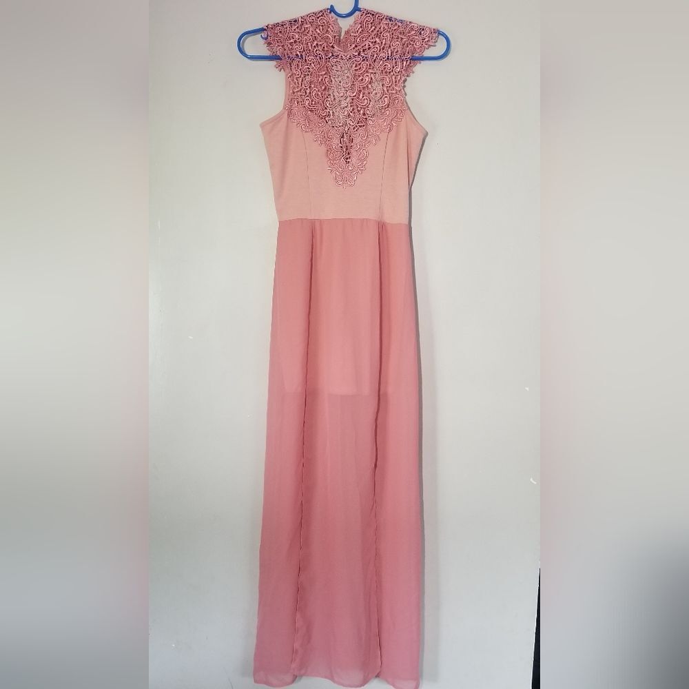 Solemio size small pink lace high neck maxi dress with open back bowtie